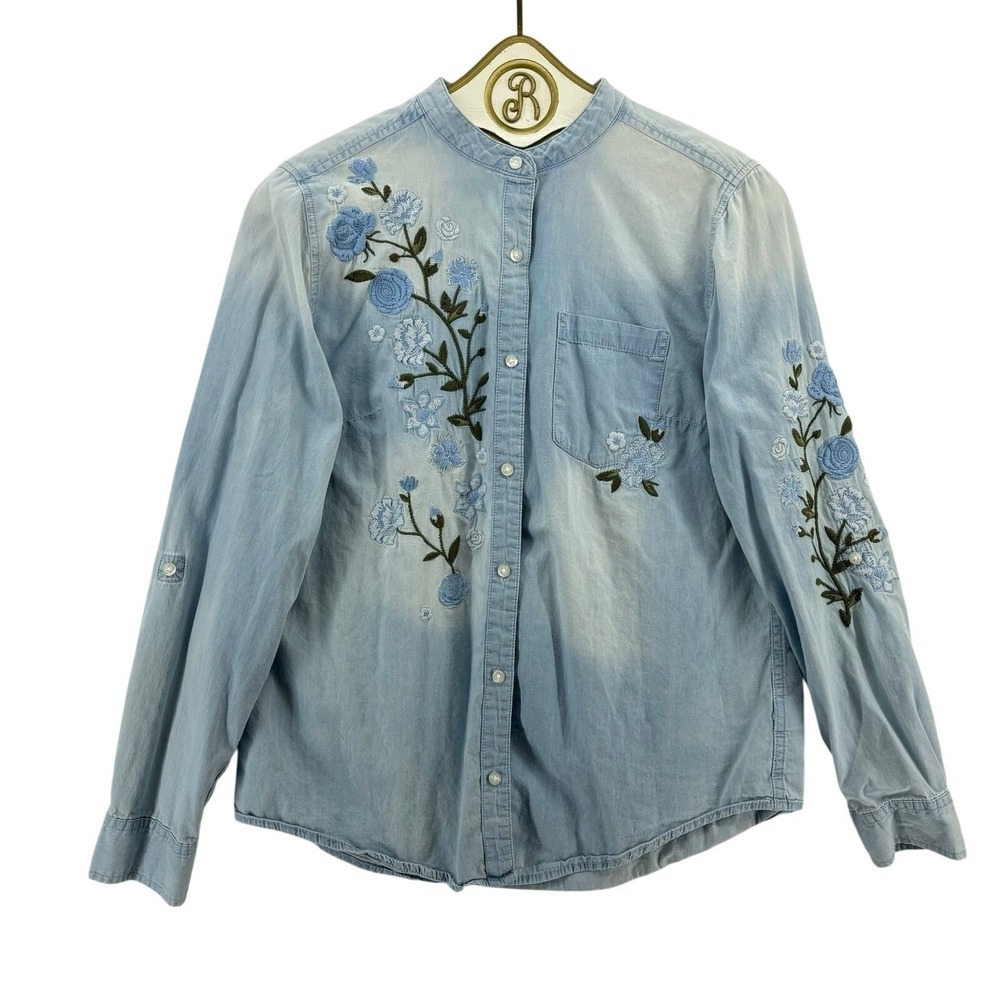 Floral Embroidered Chambray Shirt Blue Boho Prairie Cottagecore MEDIUM